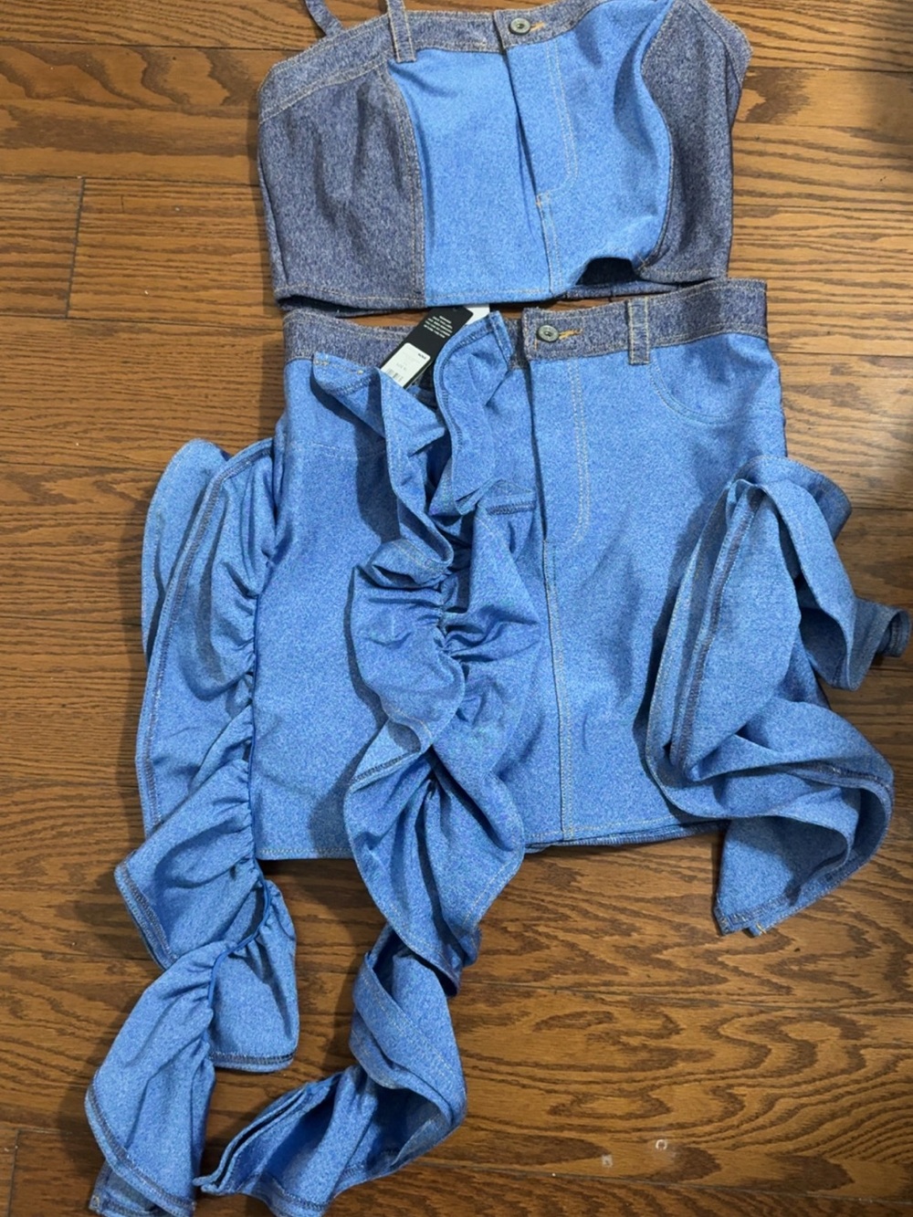 Blue Ruffled Denim-Style Mini Skirt Set - Picture 3 of 6